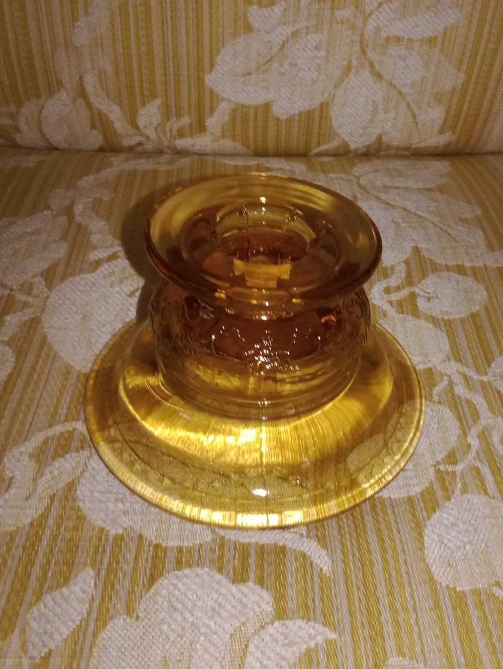 Vintage 1976 Amber Glass Embossed Candle Stick Holder